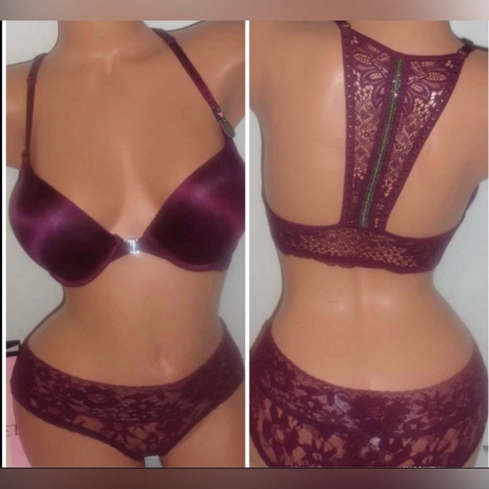 32D Victoria’s Secret burgundy Bombshell Plunge Bra & Hiphugger Panty(XS Set
